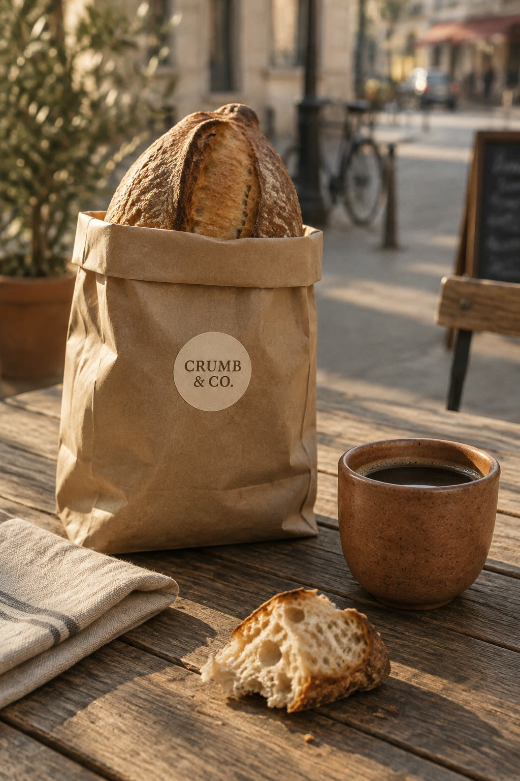A Crumb & Co. paper bag holding a batard, next to a terracotta cup of coffee on a cafe table
