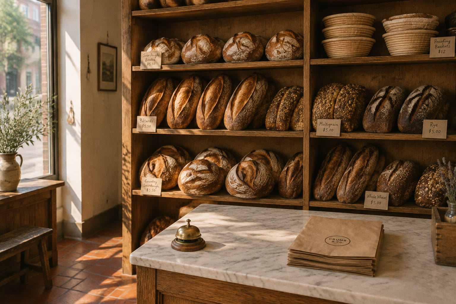 Wooden racks of boules, batards and seeded loaves behind a marble counter in morning sun