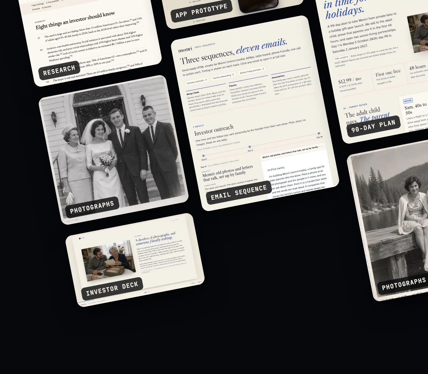 A tilted wall of the real pieces makr.ai made for Memri from one idea: the research, family photographs, brand book, app prototype, investor deck, emails, launch site and 90-day plan.