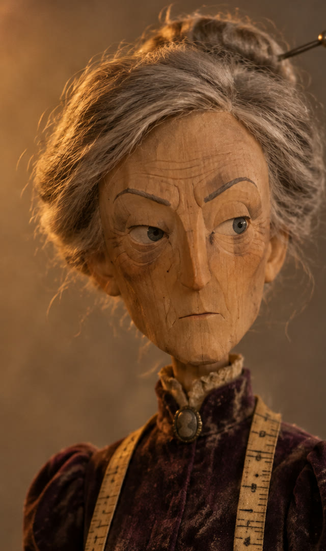 Eleanor: a long carved face, silver bun with a steel pin, plum velvet collar and a tailor's tape.