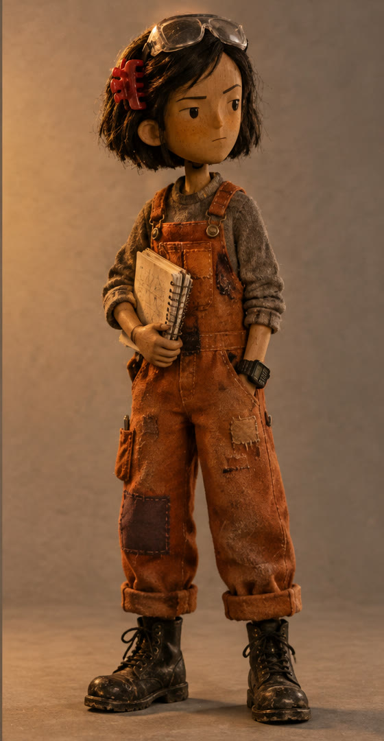 Priya's puppet: black bob with a large red claw clip, goggles, patched orange overalls, a spiral notebook.