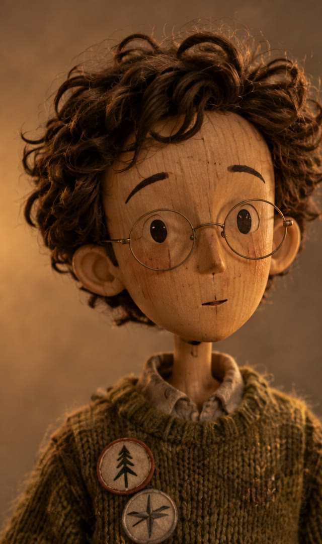Theo: a carved wooden boy with round wire glasses and wild dark curls.