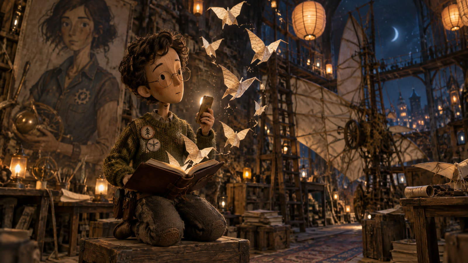 Theo in the workshop as paper birds rise from a notebook.