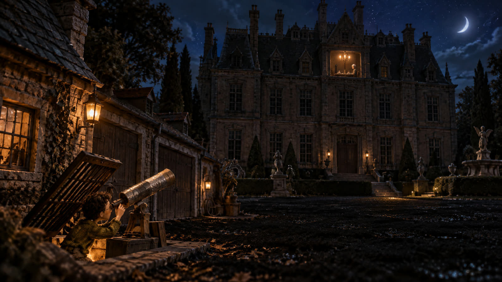 Night on the estate: the big house with one lit window, and a homemade telescope poking out of a basement grate.