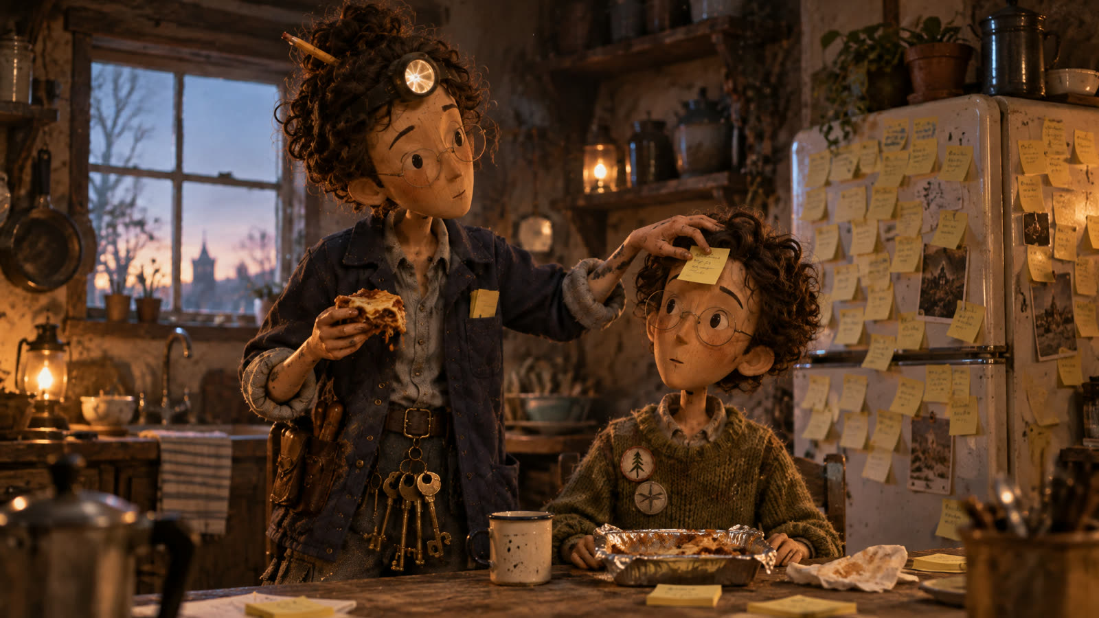 Dawn in the cottage kitchen: a mother sticks a note on her son's forehead.