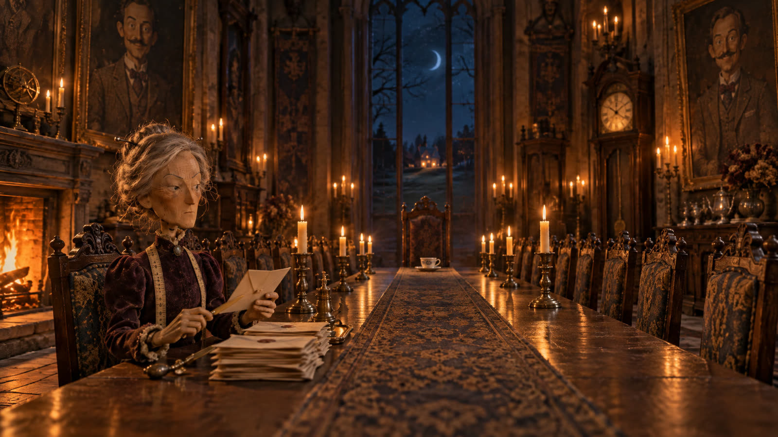 Eleanor at the near end of her long table, reading letters by firelight.