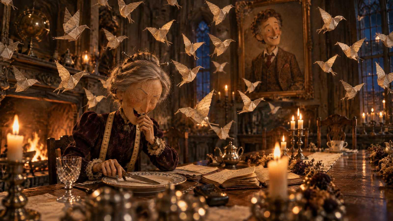 Grey paper birds rise around Eleanor at the long table in firelight.