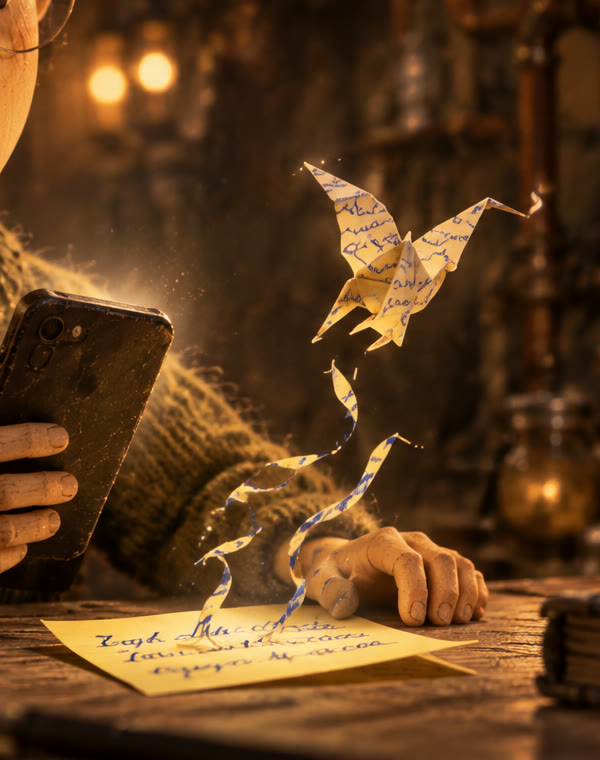 In lamplight, the blue ballpoint on a yellow sticky note lifts off the paper in ribbons and folds into a small origami bird beside Theo's phone.