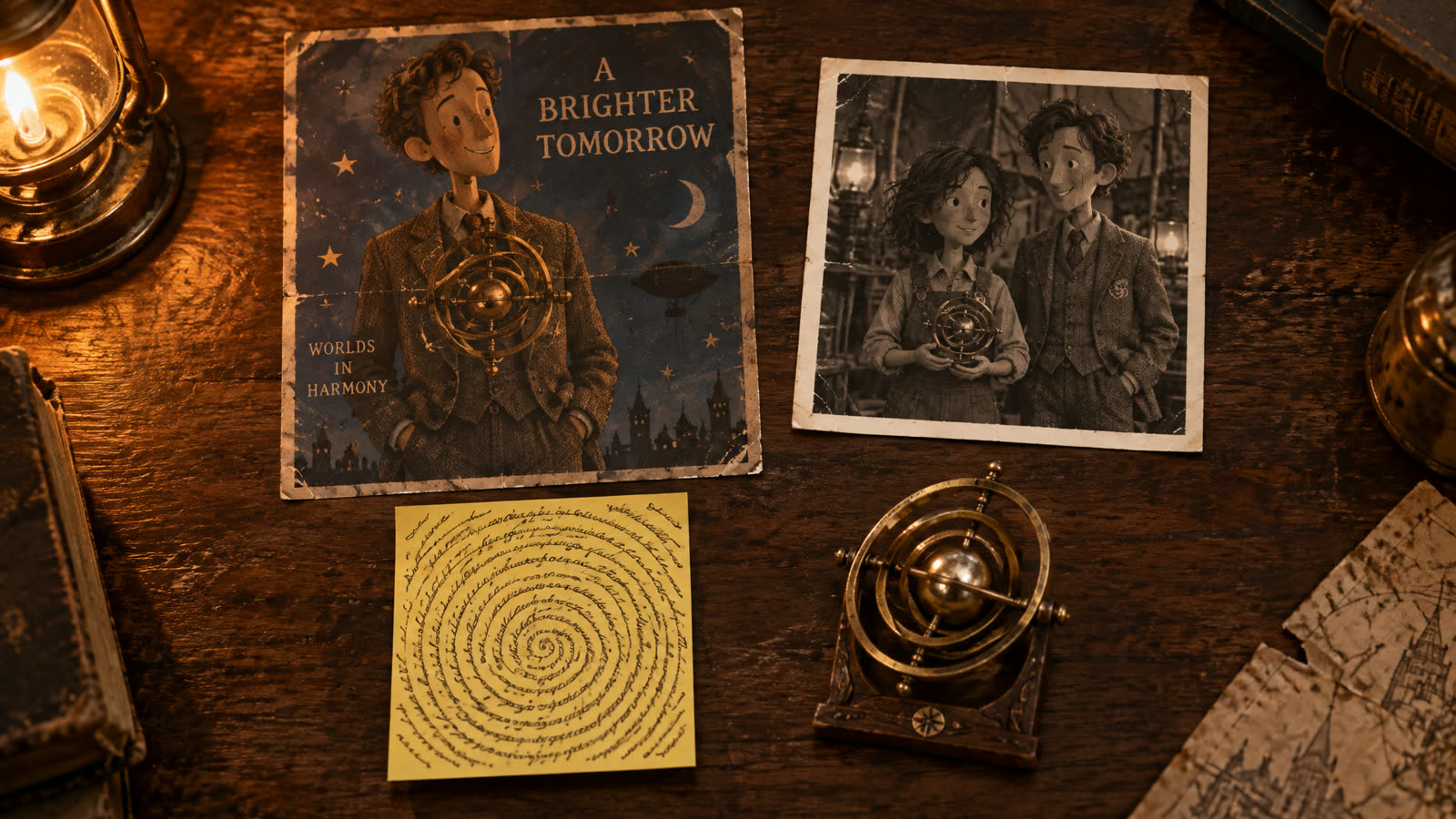 The famous poster of Arthur Whitlock with a floating brass gyroscope, beside an old black-and-white snapshot.