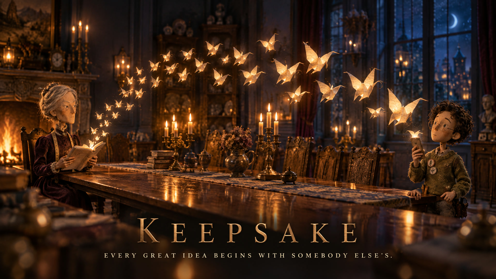 KEEPSAKE key art: at a long candlelit table, an old woman holds an open notebook as forty-one glowing paper birds fly its length toward a boy in an olive sweater. Every great idea begins with somebody else's.