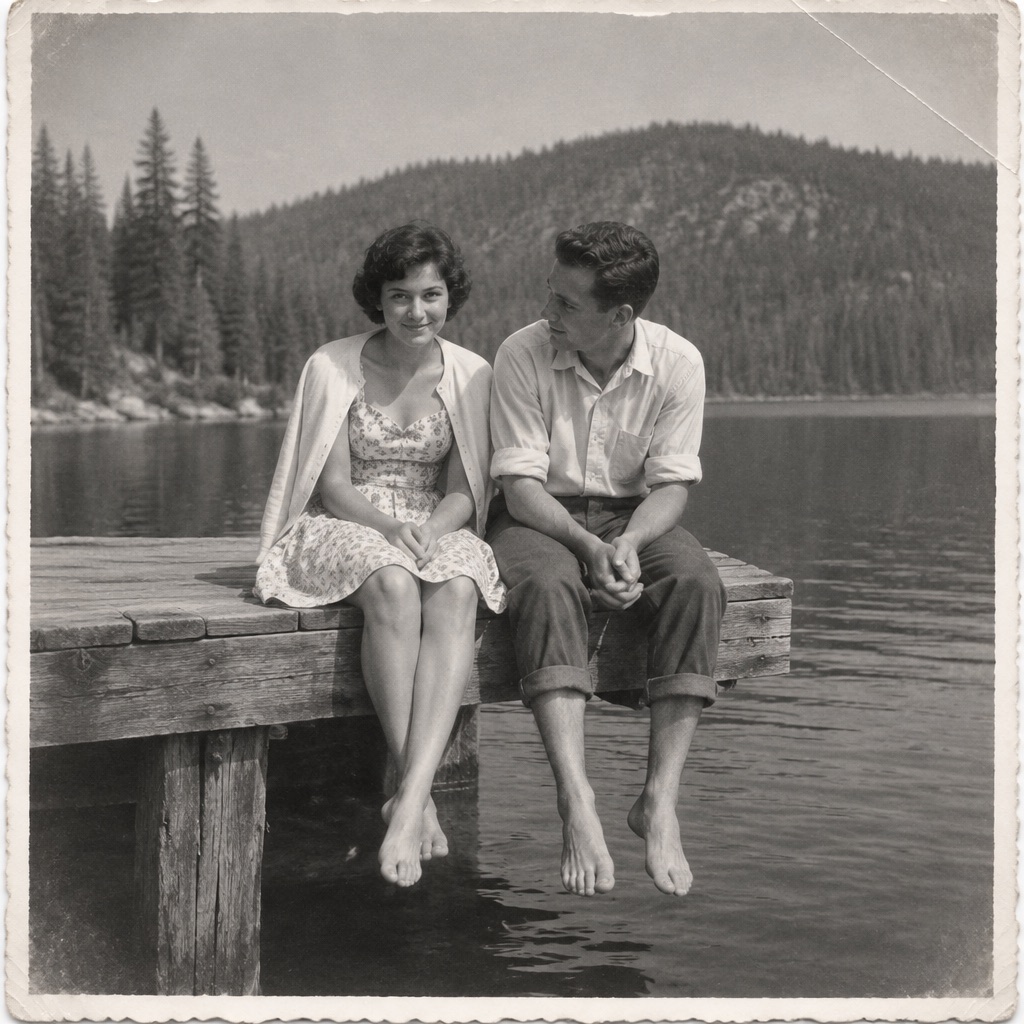 A young couple on a lake dock, 1962