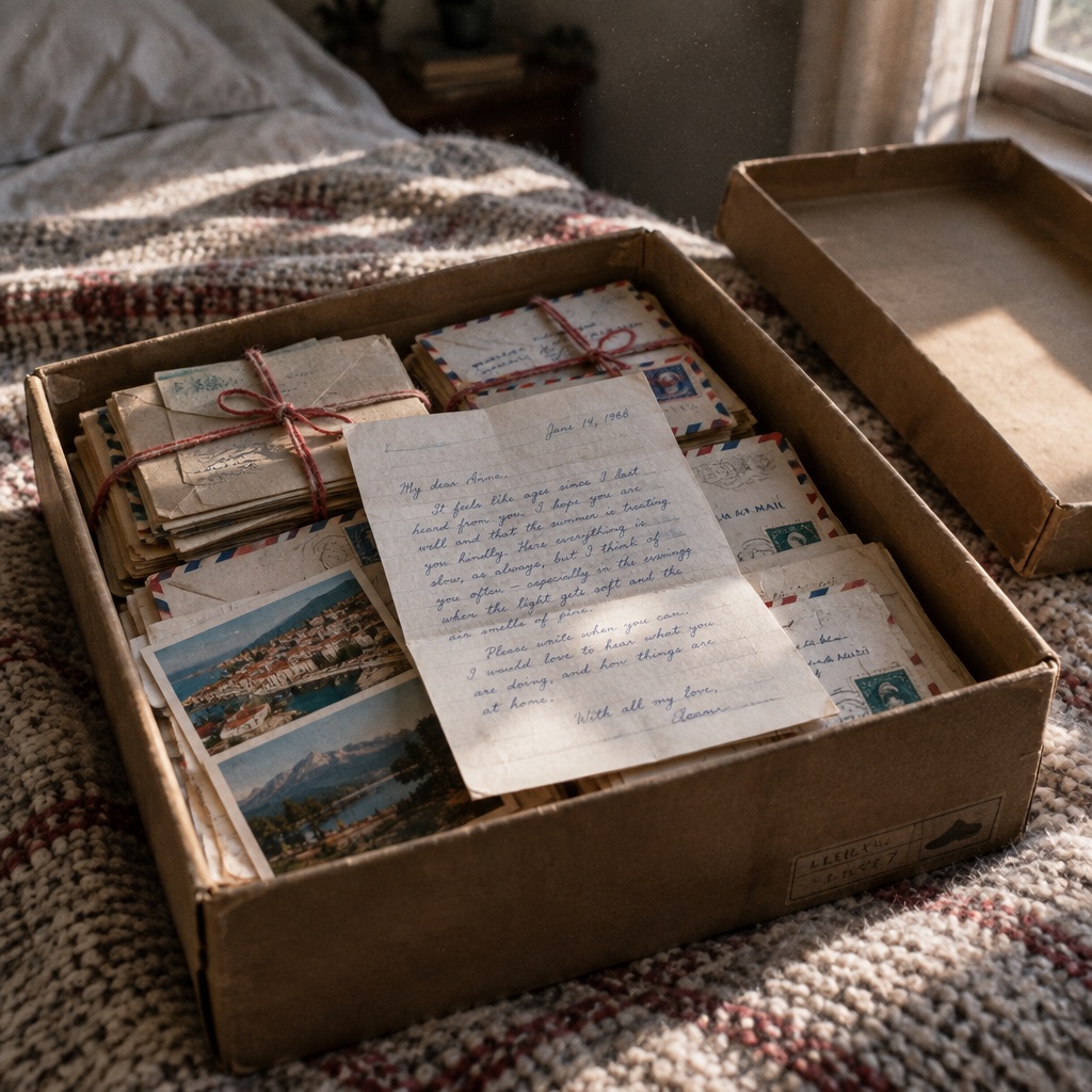 A shoebox of letters tied with red string