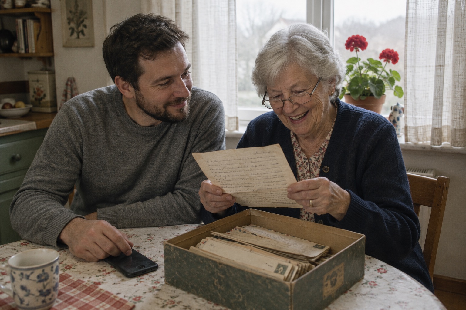 A grandmother and her grandson laugh over a handwritten letter at a kitchen table, with a box of old letters between them.