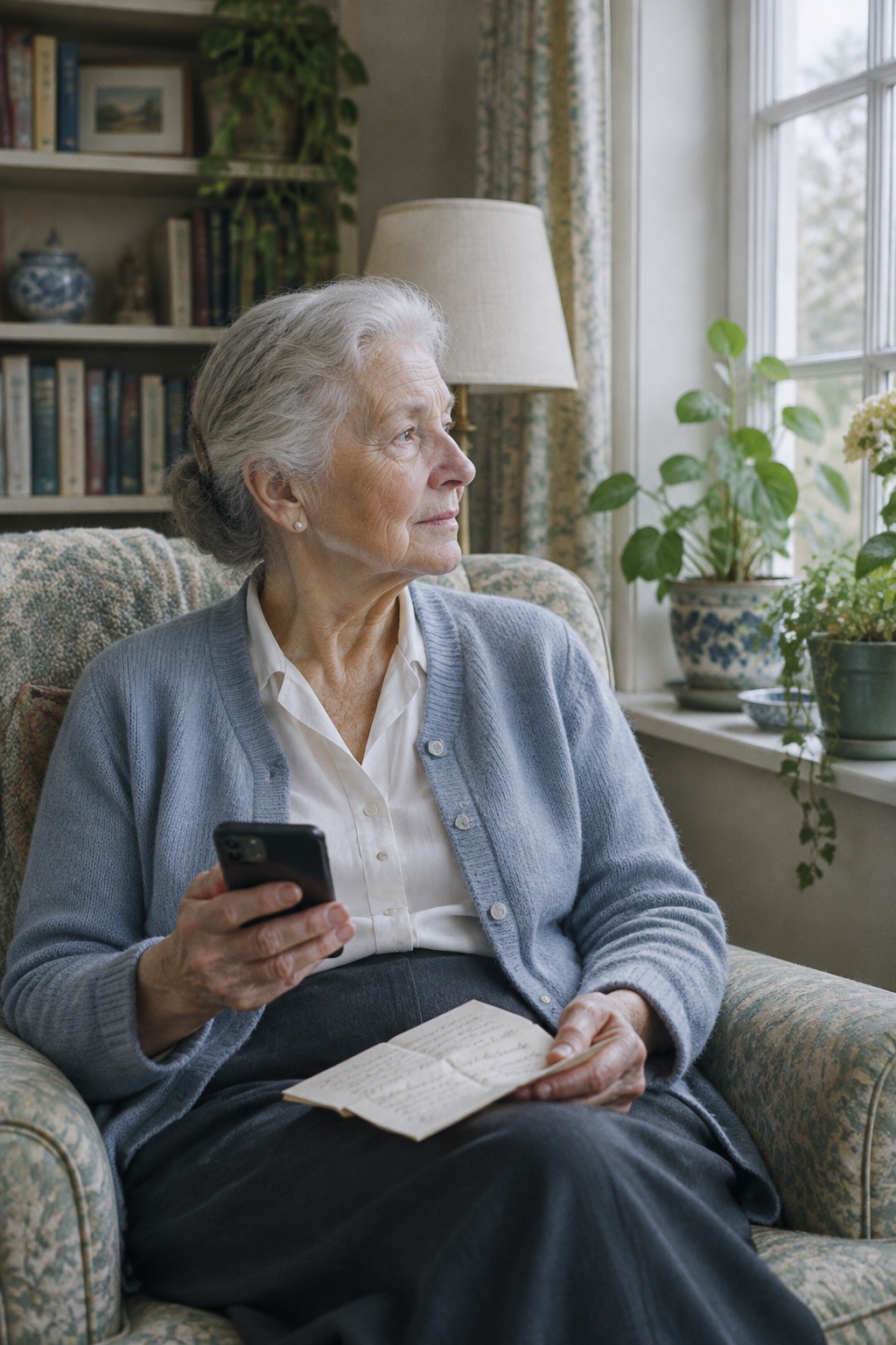 An older woman in an armchair by a window, holding her phone