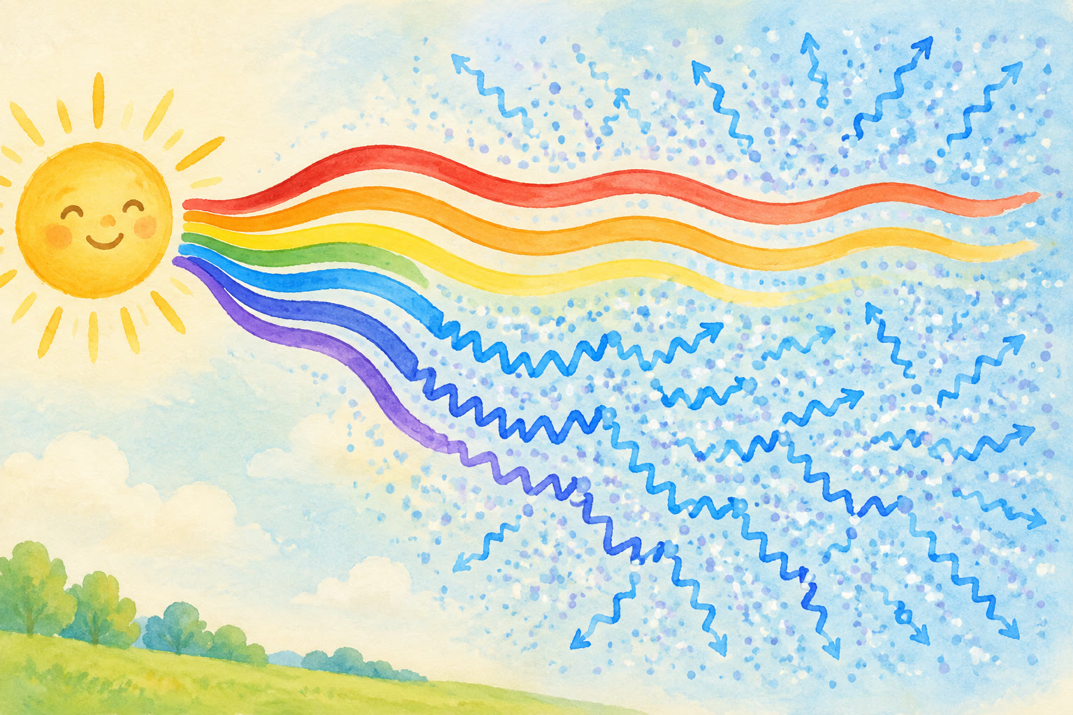 Painted sunlight as rainbow ribbons: red, orange and yellow glide straight across while blue ribbons zigzag and bounce off tiny air bits all over the sky.