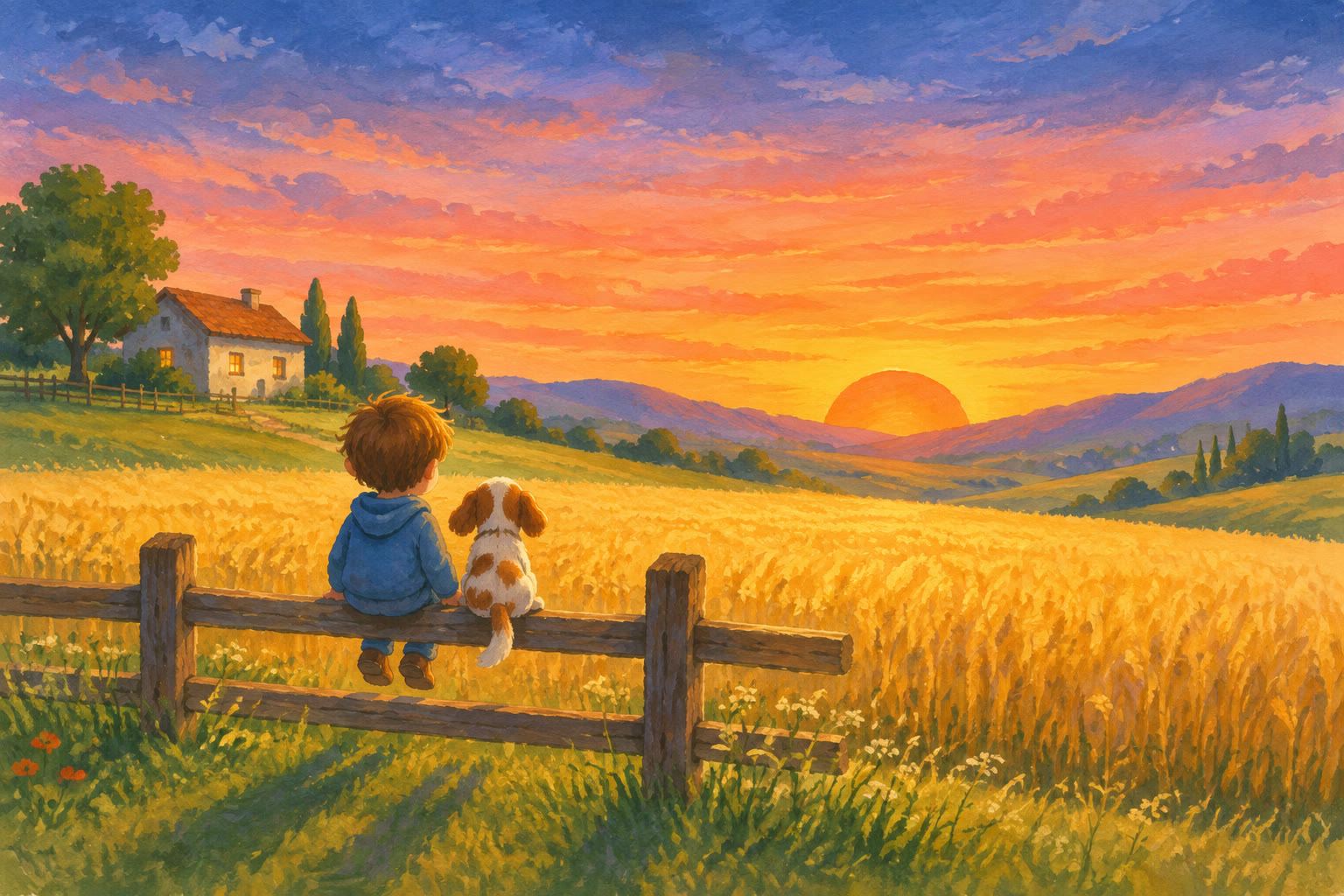 A child and a puppy sit on a wooden fence watching an orange sunset glow over a golden field.